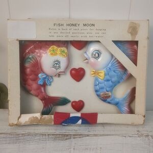 Vintage Anthropomorphic Fish Couple Wall Hanging Kitschy Japan MCM 1950s